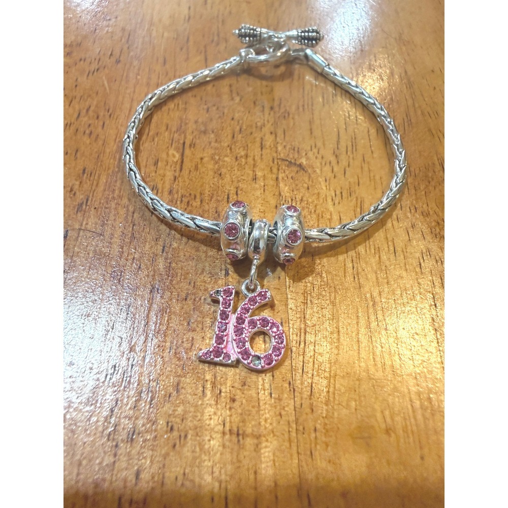 Silver Tone Pink Rhinestone Sweet 16 Charm Bracelet Toggle Clasp 8.5 Inch
